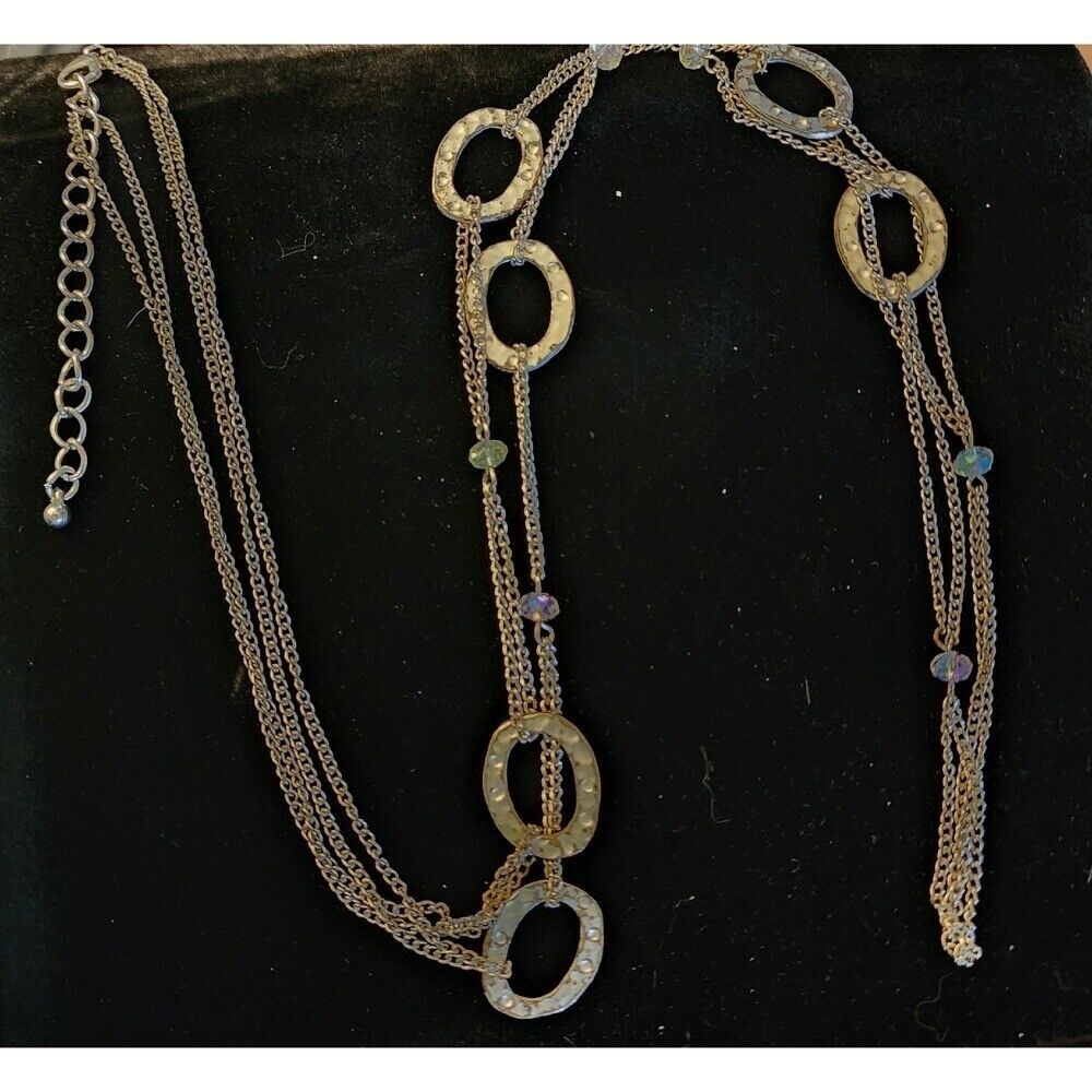 Oval Link Chain Necklace with Beads - Silver Tone Fashion Jewelry